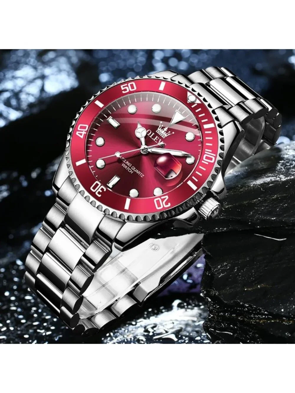 Men's Red Luxury Stainless Steel Waterproof Quartz Big Face Fashion Wrist Watch